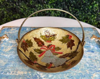 vtg enamel painted brass holiday bowl with handle