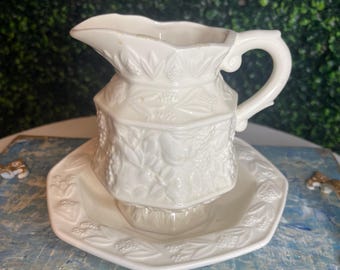 Lefton embossed fruit design creamer and under plate