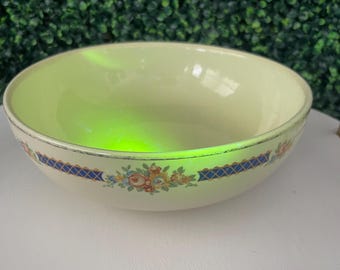 Uranium glaze- Hall's Superior Quality Kitchenware Blue Bouquet 9 Inch Serving Bowl. 1940s-60s.