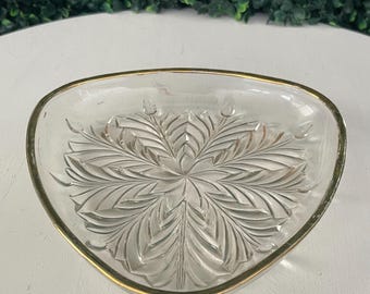 Vintage Pressed Glass Triangle Dish: Gold Trim Floral Pattern