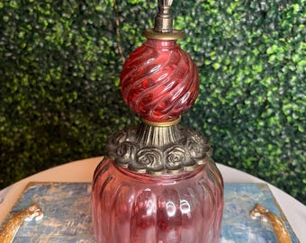 vtg GEM ACC pink cranberry glass vanity jar with metal rose band lid