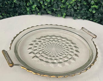 Vintage Jeannette Glass - clear glass handled cube serving platter with gold rim