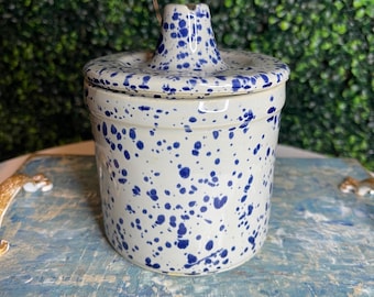 Blue splatterware cheese crock