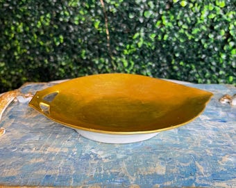 Art deco Vtg gold leaf shape happy bowl / decorative plate