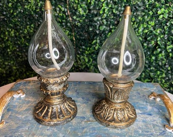 vtg hurricane lamps Bombay gold and glass (set of 2)
