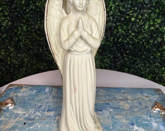 ceramic praying angel candle holder with gold trim wings