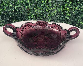 Antique Fenton Imperial Amethyst Purple Double Handled Sawtooth Intaglio Nappy Bowl