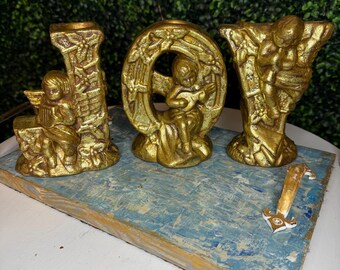 JOY Christmas letter candle holders with cherubs