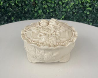 Vintage White Bisque Cherub Trinket Box Highly Detailed Ornamental Victorian EUC