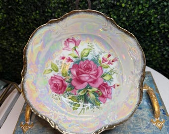 hand painted iridescent porcelain bowl with roses and gold trim