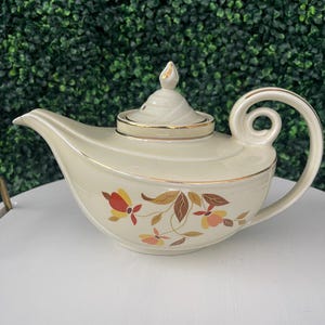 Uranium glaze - vintage 1950s Hall&#39;s Superior Quality Kitchenware Aladdin Autumn Leaf Teapot