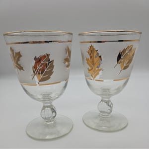 Copos de água com haste de folhagem fosca MCM Libbey Gold Leaves, conjunto de 2 copos de 10 oz, VTG