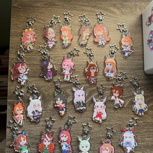 May include: Collection of anime-style character keychains. Each keychain features a colorful illustration of a character with unique hairstyles and outfits. The keychains are attached to silver star-shaped clasps.