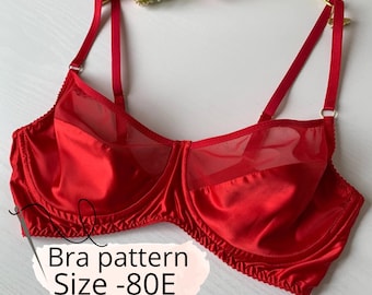 Patrón de costura para sujetador con aros 80E / Sujetador con costura horizontal (PDF) / Confección de lencería DIY / Patrón imprimible A4 + Videotutorial / Patrón de sujetador de talla grande