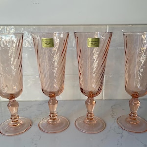 Vintage LUMINARC France Rosaline Champagne Flutes Pink Swirl Set of 4
