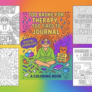 Libro de colorear divertido para adultos imprimible: Demasiado pobre para terapia, demasiado cansado para escribir un diario. 30 diseños sarcásticos sobre salud mental. Descarga digital.