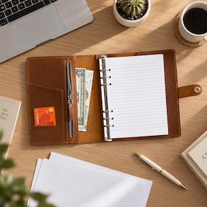 May include: A brown leather binder with a six-ring metal mechanism holding lined white paper. The interior features a vertical zippered pocket containing a banknote, a card slot with an orange payment card, and a snap button closure strap.