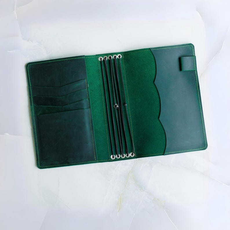 Pu&ograve; includere: Vista dall'alto di un diario in pelle verde scuro aperto. Il diario &egrave; piatto, con fessure per carte a sinistra e un bordo smerlato a destra. Ha una chiusura a scatto e anelli metallici per gli inserti.