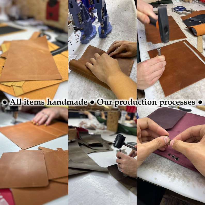 May include: A series of images depicting the handmade production of leather items. The images show different stages of the process, including cutting, stitching, and assembly. The text "All items handmade &bull; Our production processes" is visible.