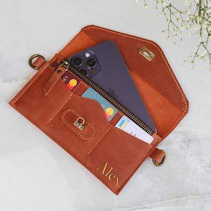 Cartera de cuero con bandolera, Cartera de mano personalizada, Cartera larga de cuero personalizada, Cartera tipo sobre para teléfono, Cartera cruzada de cuero
