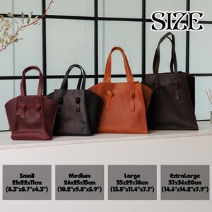 May include: Four leather tote bags in varying sizes and colors, from burgundy to dark brown. Each bag has a handle and a unique knot detail. Sizes range from 8.3"x8.7"x4.3" to 14.6"x14.2"x7.9". The word "SIZE" is displayed at the top.