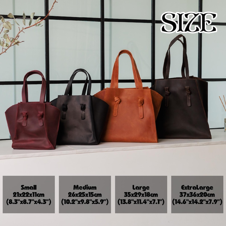 May include: Four leather tote bags in varying sizes and colors, from burgundy to dark brown. Each bag has a handle and a unique knot detail. Sizes range from 8.3"x8.7"x4.3" to 14.6"x14.2"x7.9". The word "SIZE" is displayed at the top.