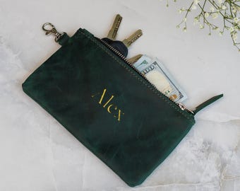 Custom leather zipper pouch, Leather pouch keychain, Travel zipper pouch, Personalized leather pouch, Zipper pouch with keychain