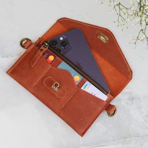 Cartera de cuero con bandolera, Cartera de mano personalizada, Cartera larga de cuero personalizada, Cartera tipo sobre para teléfono, Cartera cruzada de cuero