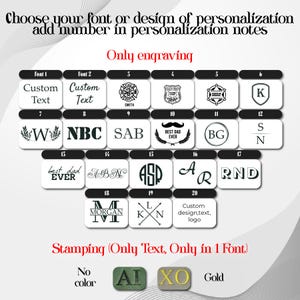 May include: Image displaying font and design options for personalization. Features examples of custom text, logos, and initials. The text "Only engraving" and "Stamping (Only Text, Only in 1 Font)" are also visible.