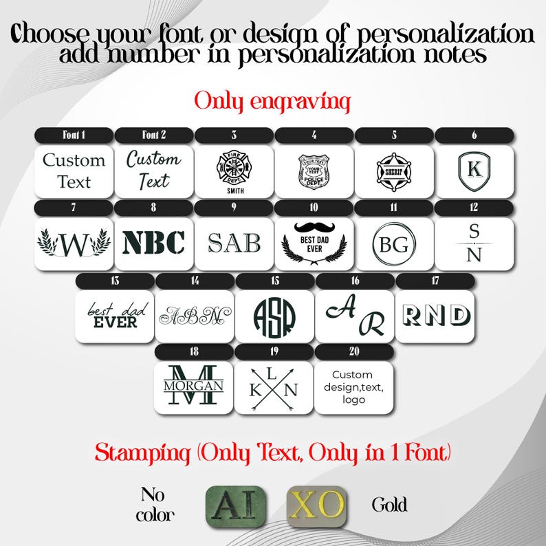 May include: Image displaying font and design options for personalization. Features examples of custom text, logos, and initials. The text "Only engraving" and "Stamping (Only Text, Only in 1 Font)" are also visible.