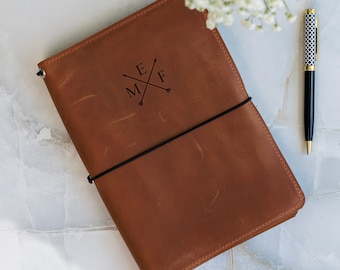 Anpassat läderjournalomslag, Återfyllningsbar läderjournal, Inbunden journal med gravyr, Monogrammigt anteckningsboksomslag, Handgjort journalomslag