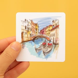 Venetian Canal Kiss-Cut Stickers, Artistic Stickers for Laptops, Travel Decor, Gift for Travelers, Vintage Illustration, Italy Sticker