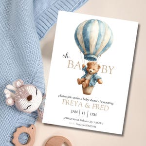 Oh Baby Shower Invitation | Teddy Bear Hot Air Balloon Invite | Blue Neutral Baby Shower | Editable Digital Download | Boy or Unisex Invite