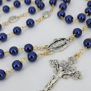 Handmade Catholic Rosary with navy blue beads and gold chain