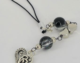 Handmade phone charm with black crystal beads and a heart pendant