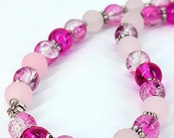 Handmade necklace with hot pink glass beads and gemstone beads