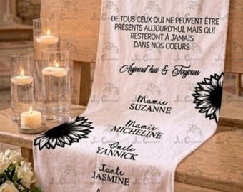 Drap commémoratif pour chaise de mariage, panneau commémoratif, place réservée, tissus commémoratif hommage, écharpe commémorative, bannière