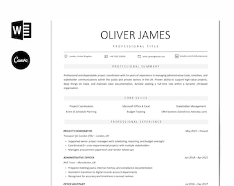 May include: A black and white resume template with the name "OLIVER JAMES" at the top. The resume includes sections for professional summary, core skills, and professional experience. The Canva and Word logos are in the top left corner.