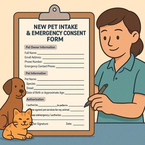 Könnte beinhalten: Illustration eines Aufnahmeformulars für Haustiere mit einem Hund und einer Katze. Das Formular enthält Abschnitte für Informationen zum Tierhalter und zum Haustier sowie eine Genehmigung. Eine Person in einem türkisfarbenen Hemd hält einen Stift.