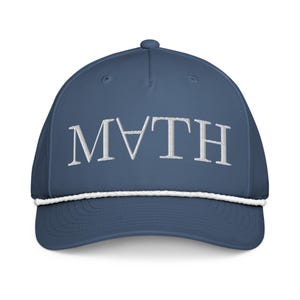 May include: A navy blue baseball cap with the word "MATH" embroidered in white. The cap features a white rope detail along the brim and a rounded top.