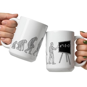 May include: Two white ceramic mugs. One mug features a black and white illustration of the evolution of man. The other mug has a teacher writing the equation e^iπ+1=0 on a chalkboard. Both mugs have white handles.