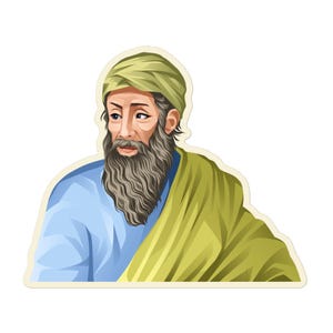 May include: A sticker depicting a man with a long grey beard, wearing a light blue tunic, a yellow-green shawl, and a turban. The man has a serious expression and is looking to the side.