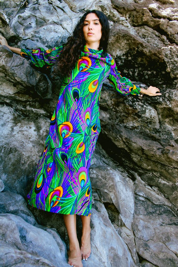 bohemian peacock print maxi dress 1970s Peacock Maxi Dress