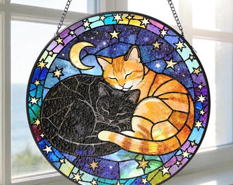 Cat Stained Glass Suncatcher, Custom Cat Couples Window Hanging Glass Ornament, Housewarming Gift for Couple, Wife, Husband