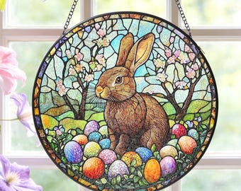 Stained Glass Easter Bunny Suncatcher: Spring Window Decor, Colorful Eggs Ornament