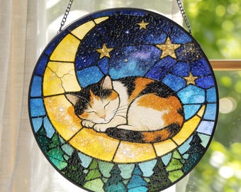Calico Cat Stained Glass Suncatcher: Moon Sleeping Tabby Cat Window Hanging, Gift for Cat Lovers