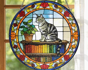Tabby Cat Books Stained Glass Suncatcher: Reading Cat Window Hanging, Cat Lover Gift, Librarian Gift