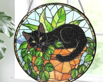 Black Cat Stained Glass Suncatcher: Ivy Plant Window Decor, Cozy Witchy Art