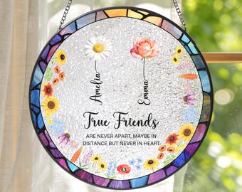 Freundschaft Glasmalerei Suncatcher: Benutzerdefinierter Geburtsmonat Blumenfensterbehang, Geschenk für Fernfreunde, Besties Geburtstagsgeschenk