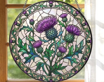 Scottish Thistle Stained Glass Suncatcher: Thistles Flower Bouquet Window Hanging, Purple Floral Glass Art, Mother's Day gift